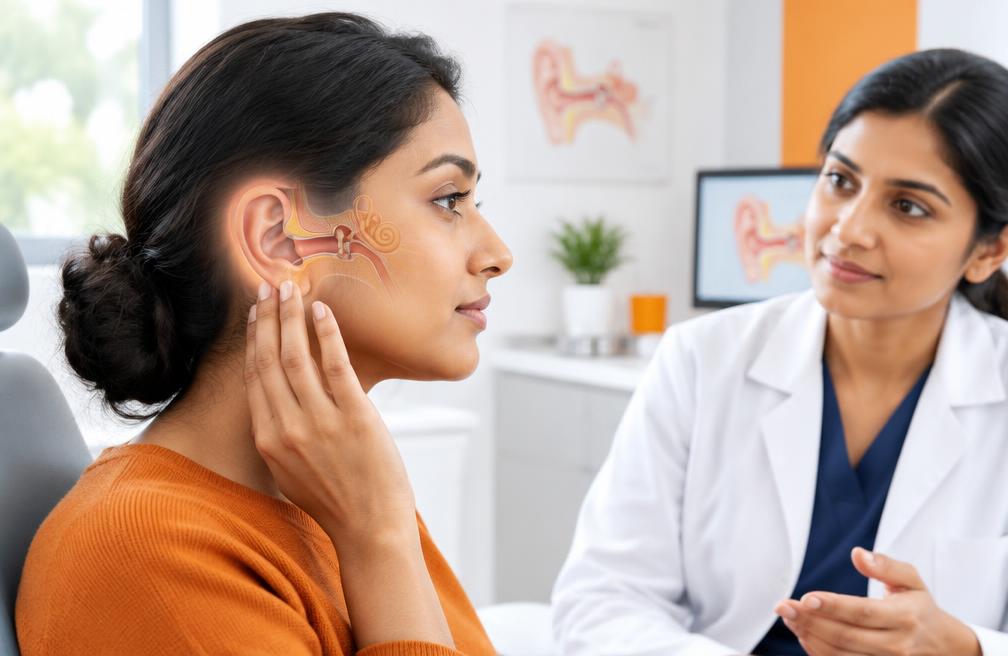 Patient discussing an ear concern with an ENT doctor