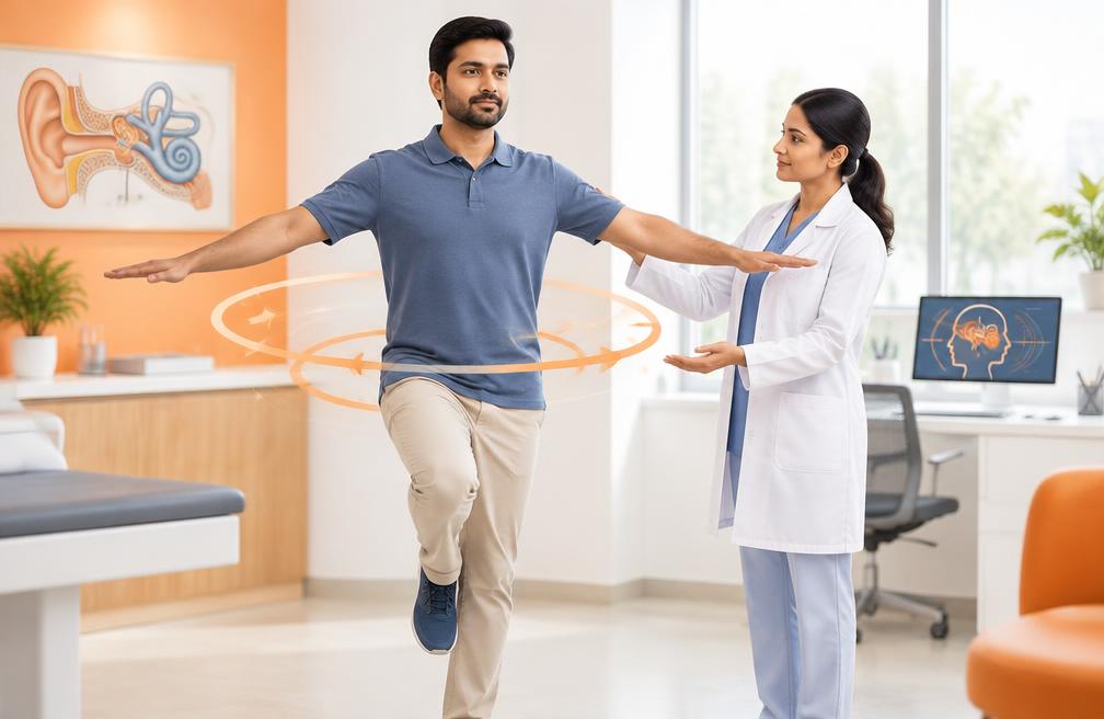Clinician guiding a patient through a balance assessment